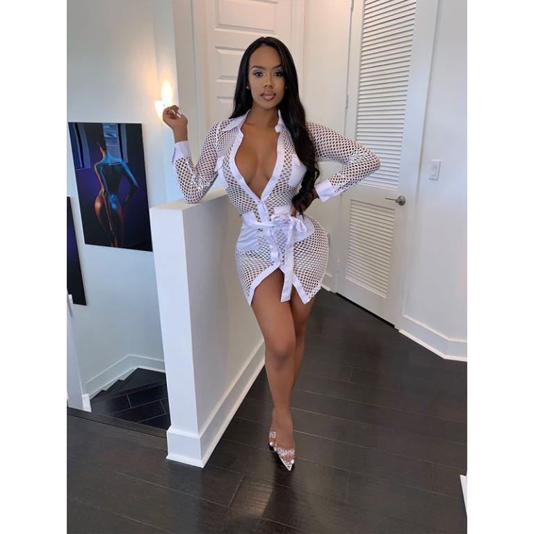 A stylish sexy white mini short neon dress for women, featuring a turn-down collar and full sleeves, perfect for night parties and clubs.