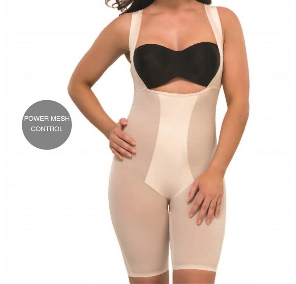 Shapewear Laser Cut Power Mesh Mid-Thigh Bodysuit showcasing transparent mesh and seamless design for a smooth silhouette.