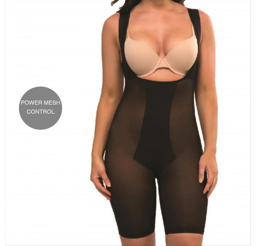 Shapewear Laser Cut Power Mesh Mid-Thigh Bodysuit showcasing transparent mesh and seamless design for a smooth silhouette.