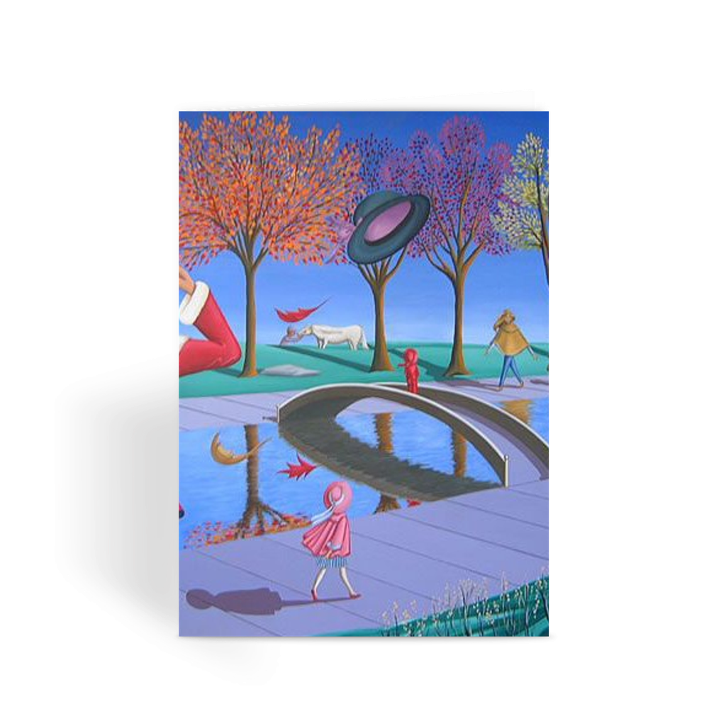 Sharon Tatem Greeting Cards featuring a serene park scene, high-quality gloss finish, and blank interior for personalization.