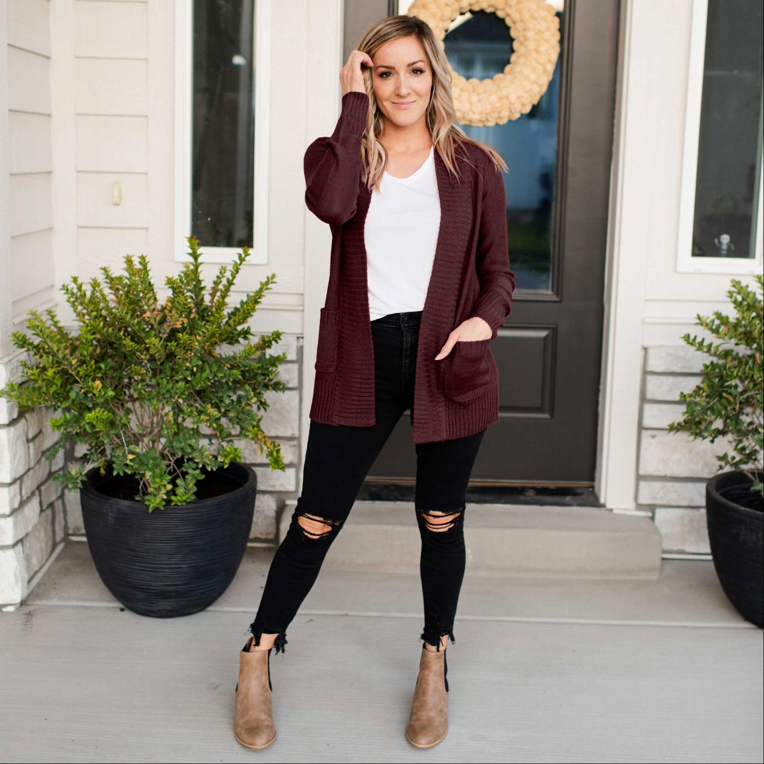 A stylish Shawl Collar Patch Pocket Long Sleeve Open Cardigan in vibrant red, featuring large side pockets and ribbed cuffs.