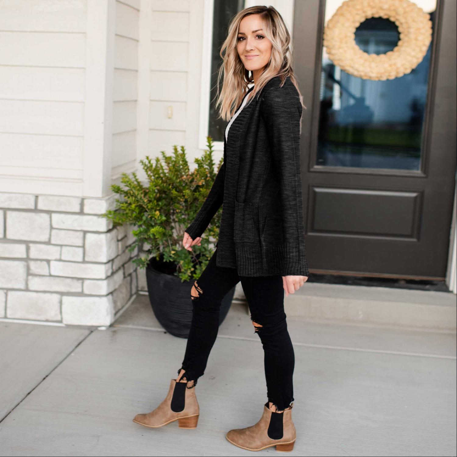 A stylish Shawl Collar Patch Pocket Long Sleeve Open Cardigan in vibrant red, featuring large side pockets and ribbed cuffs.