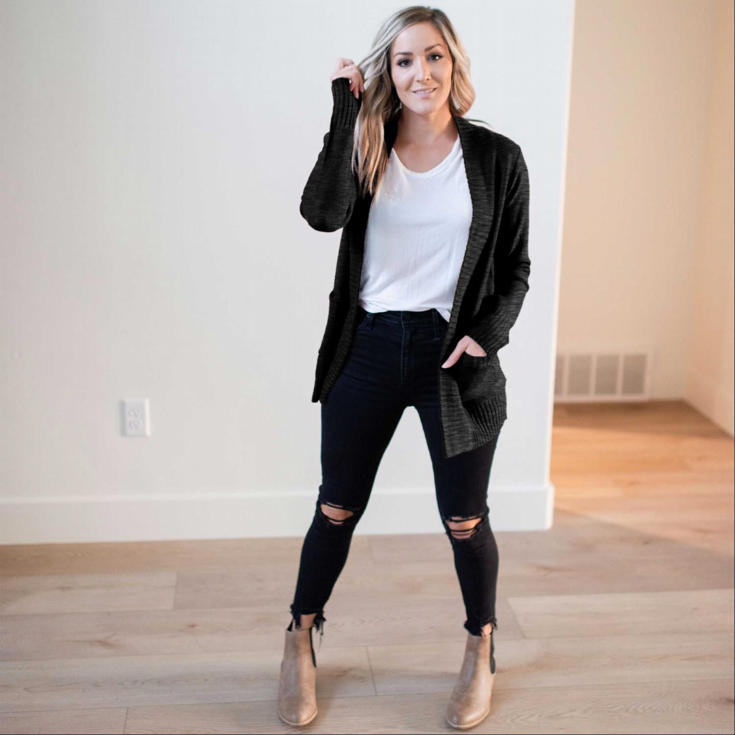 A stylish Shawl Collar Patch Pocket Long Sleeve Open Cardigan in vibrant red, featuring large side pockets and ribbed cuffs.