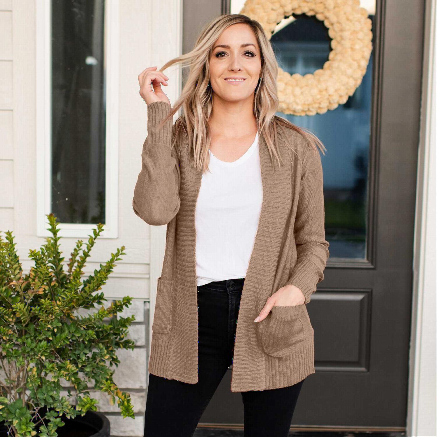 A stylish Shawl Collar Patch Pocket Long Sleeve Open Cardigan in vibrant red, featuring large side pockets and ribbed cuffs.