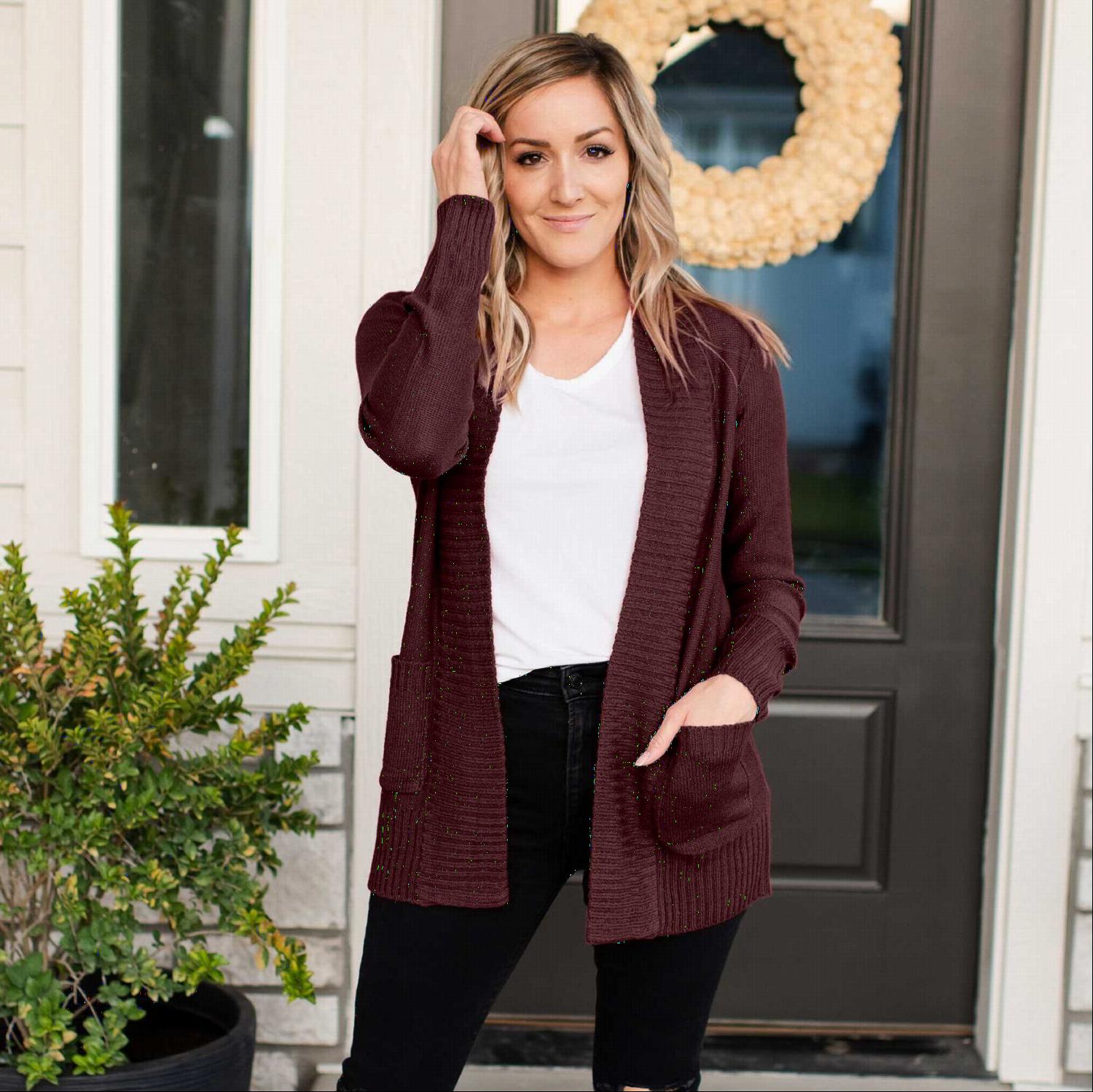 A stylish Shawl Collar Patch Pocket Long Sleeve Open Cardigan in vibrant red, featuring large side pockets and ribbed cuffs.