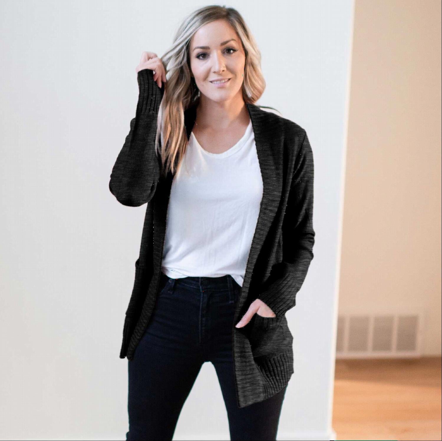 A stylish Shawl Collar Patch Pocket Long Sleeve Open Cardigan in vibrant red, featuring large side pockets and ribbed cuffs.