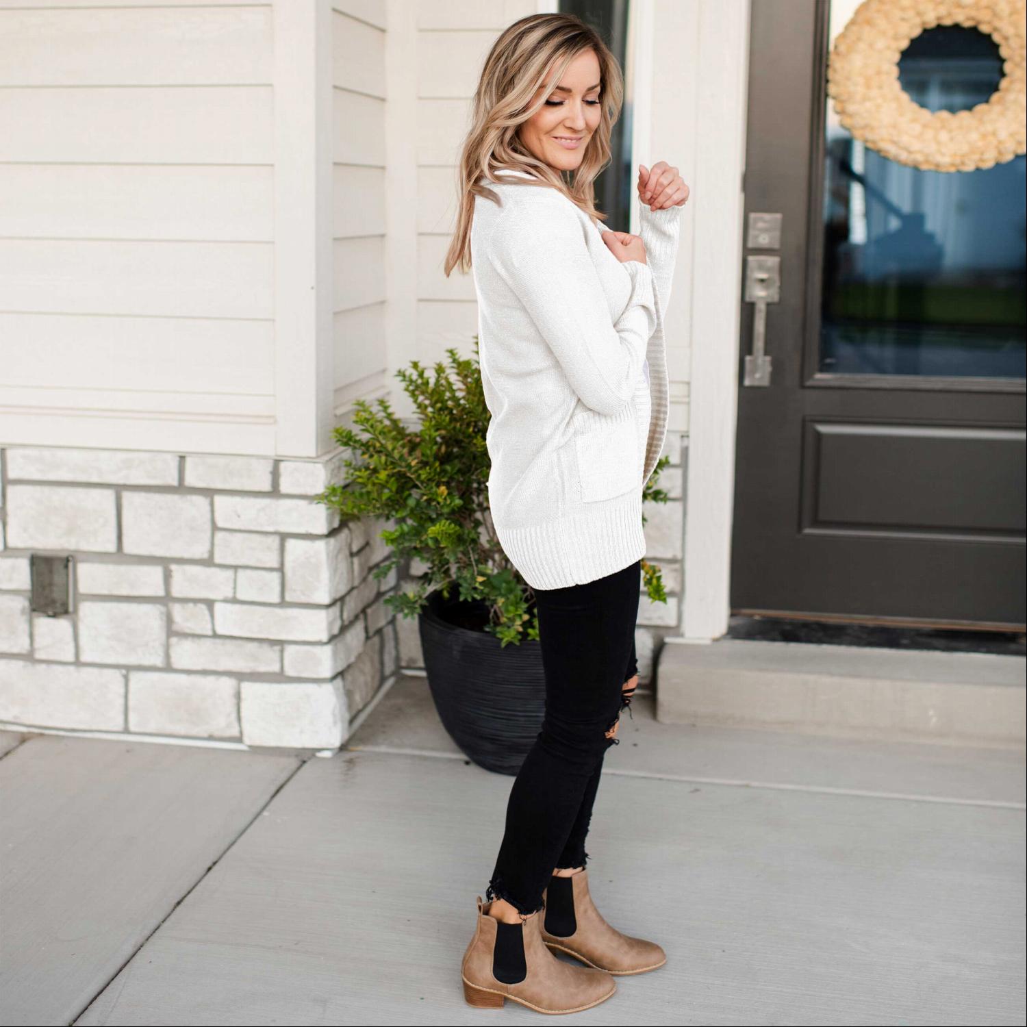 A stylish Shawl Collar Patch Pocket Long Sleeve Open Cardigan in vibrant red, featuring large side pockets and ribbed cuffs.