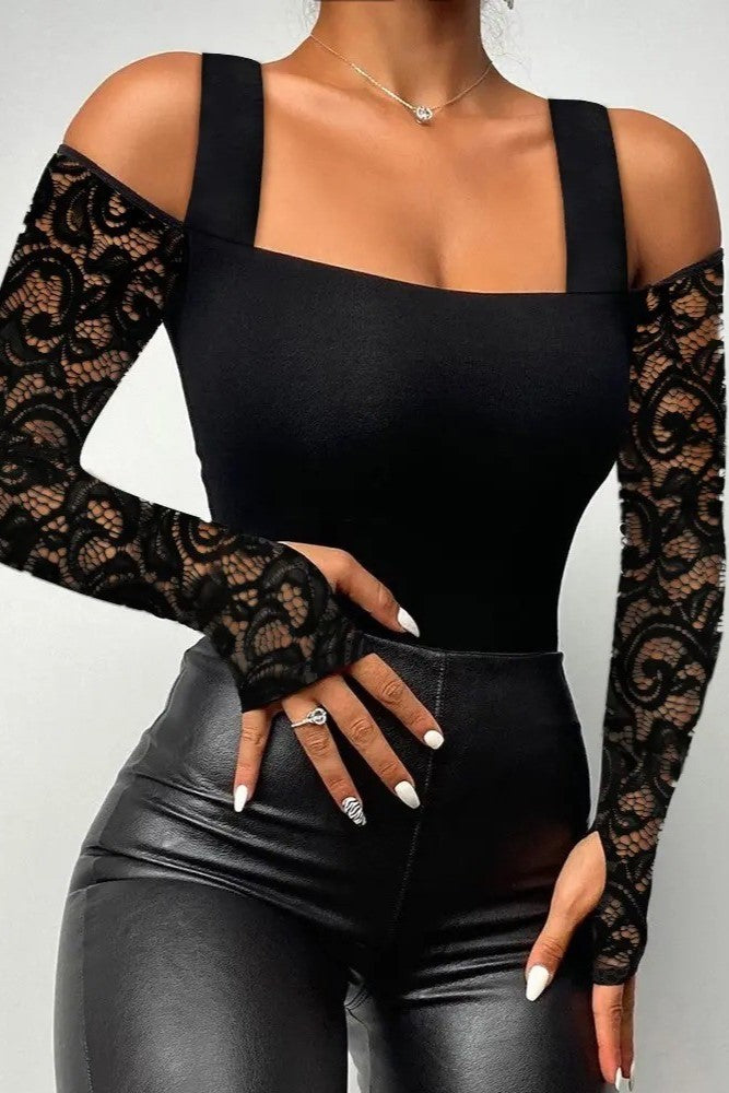 Elegant black sheer lace sleeve top with deep square neckline, perfect for stylish occasions.