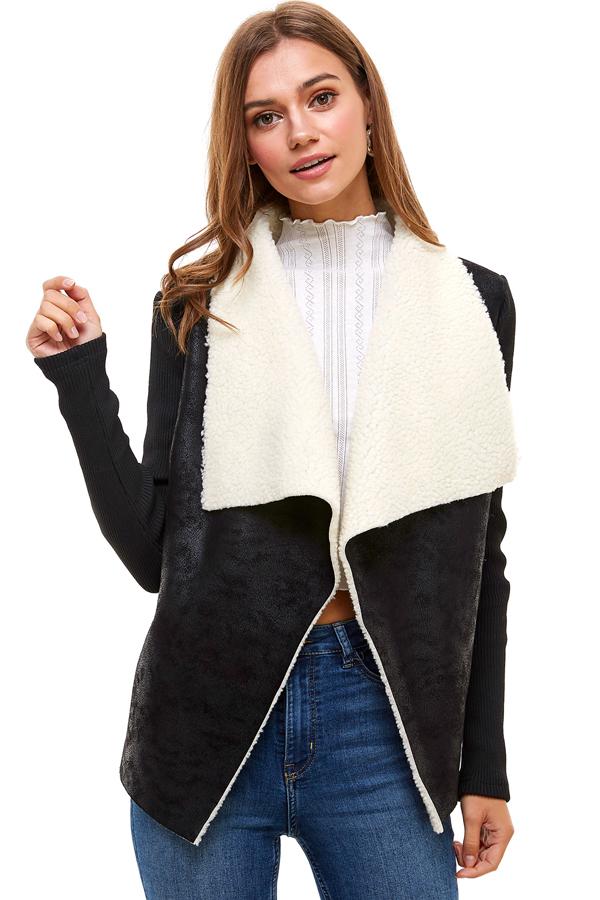 A stylish Sherpa Drape Collar Jacket in soft polyester fabric, featuring a drape collar design, perfect for layering in colder weather.