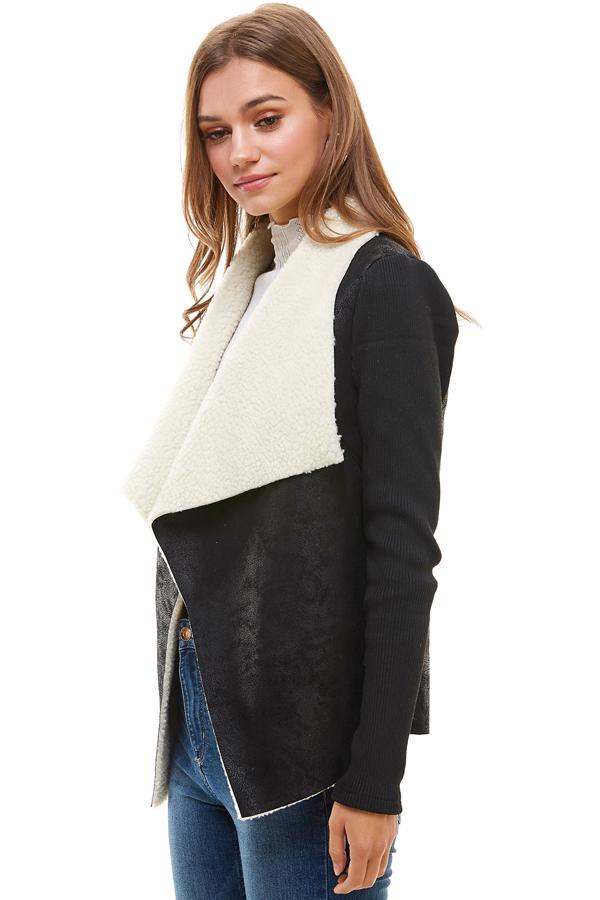 A stylish Sherpa Drape Collar Jacket in soft polyester fabric, featuring a drape collar design, perfect for layering in colder weather.