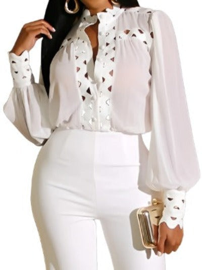 Shift Long Sleeve Formal Stand Collar Top in solid color, featuring long sleeves and a stand collar, perfect for formal occasions.