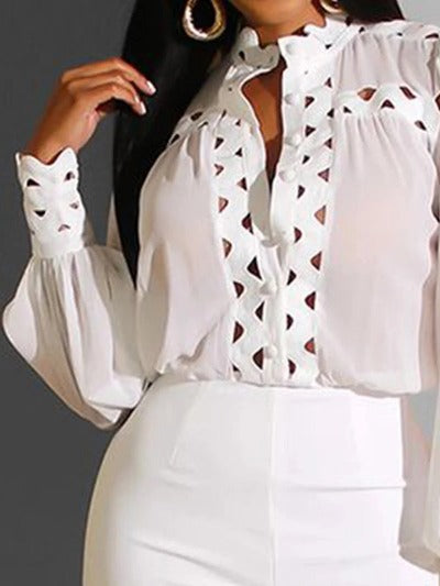 Shift Long Sleeve Formal Stand Collar Top in solid color, featuring long sleeves and a stand collar, perfect for formal occasions.