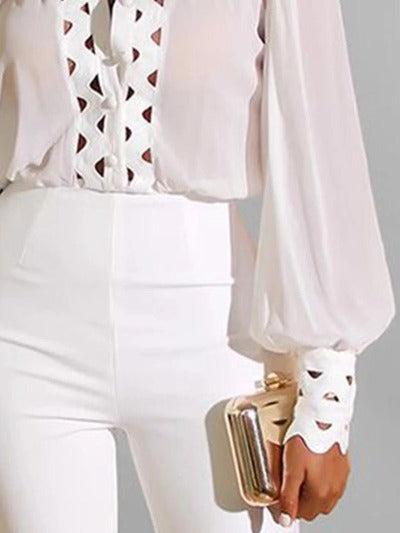 Shift Long Sleeve Formal Stand Collar Top in solid color, featuring long sleeves and a stand collar, perfect for formal occasions.