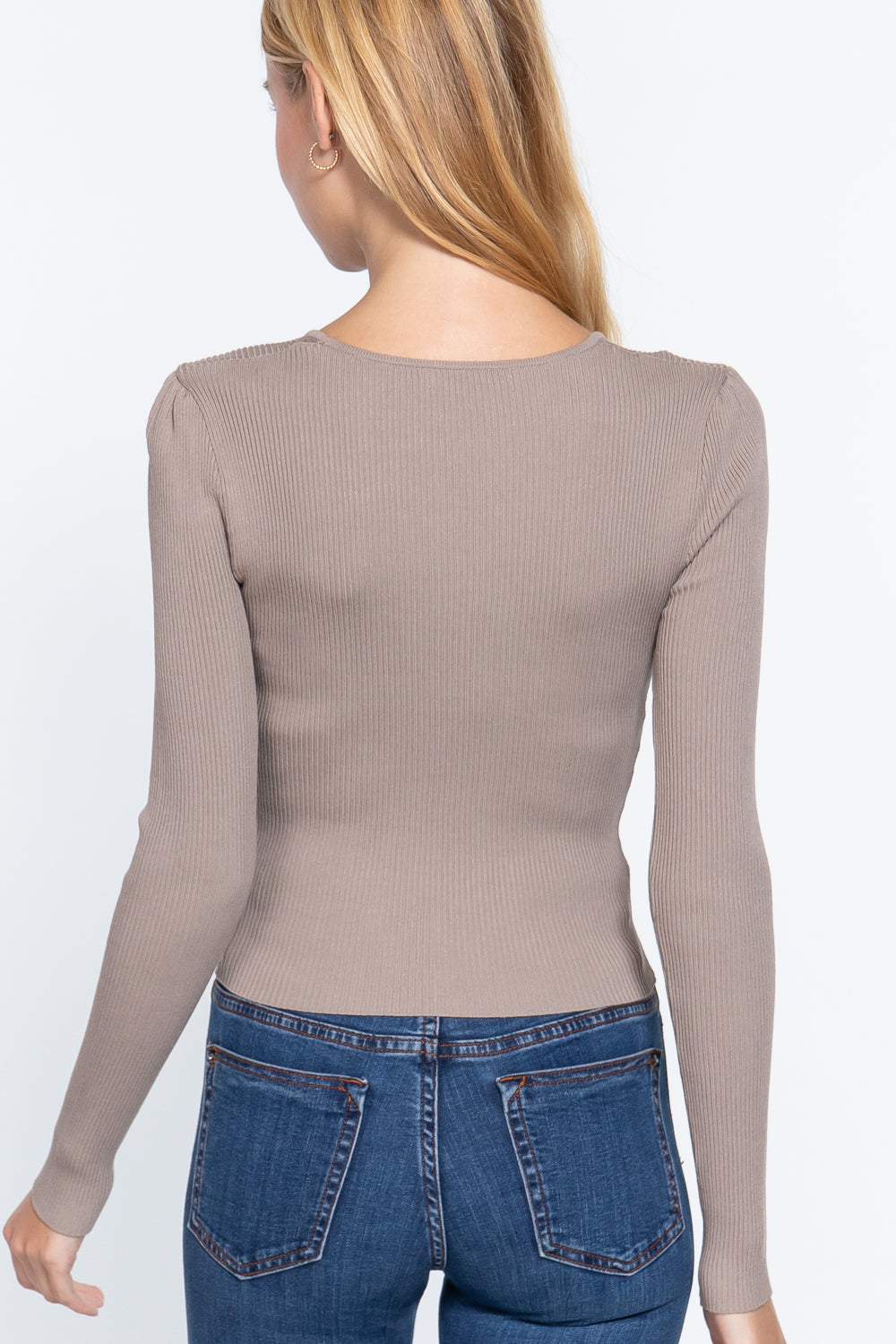 A stylish Shirring Sweatheart Neck Sweater in mushroom color, featuring long sleeves and a flattering sweetheart neckline.