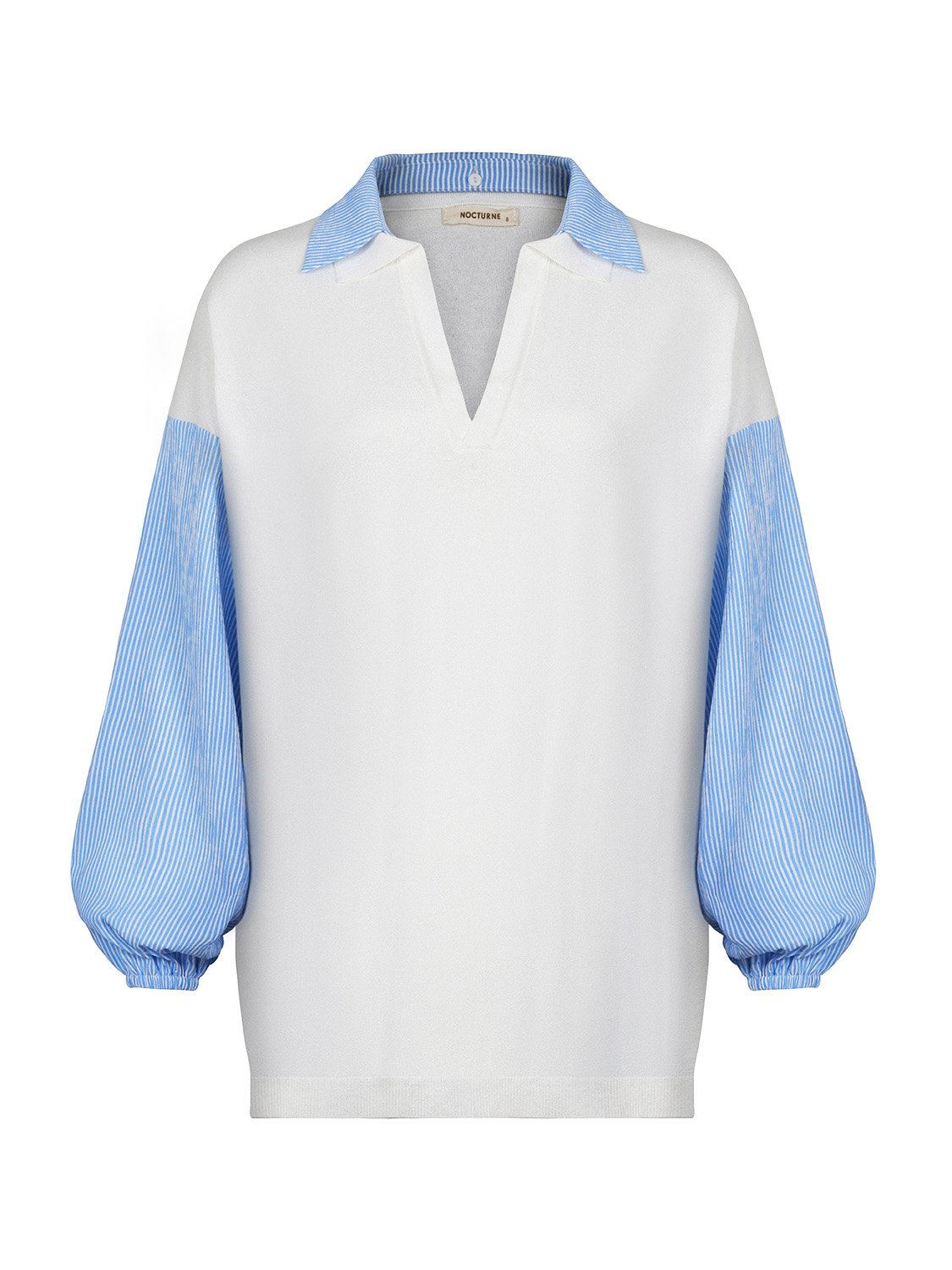 A stylish Shirt Collar Knit Top featuring a drop shoulder design, plaid details at the collar and sleeves, and elastic cuffs for a comfortable fit.