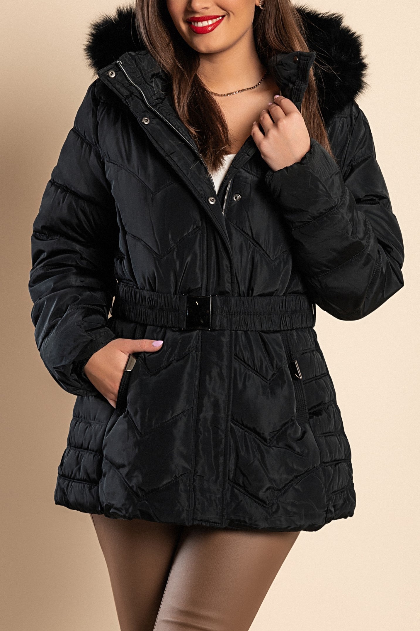A stylish black padded jacket with a hood and synthetic fur lining, designed for plus sizes, featuring a zip closure and side pockets.