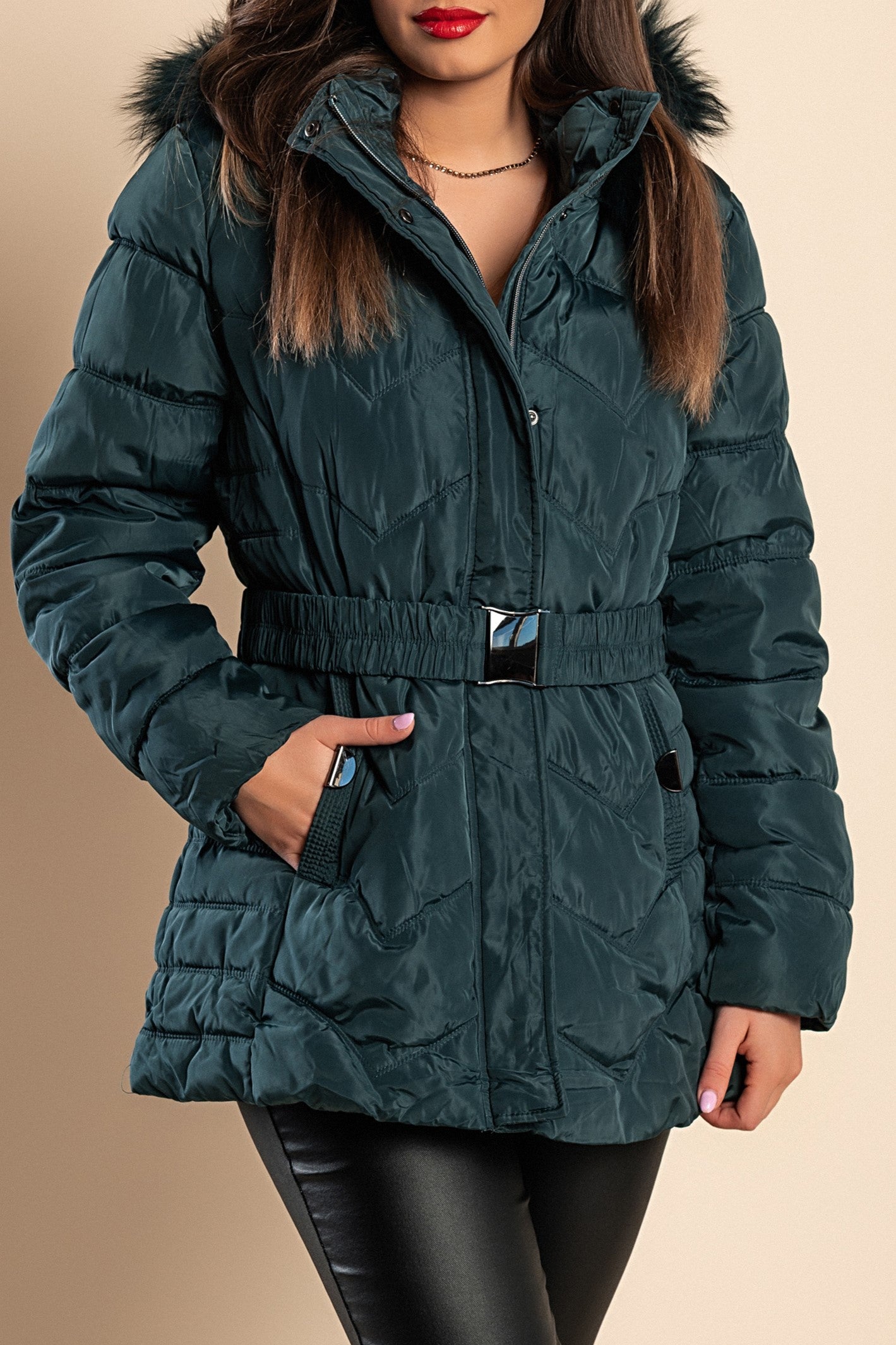 Plus size short padded winter jacket with hood in petrol color, featuring synthetic fur lining and zip closure.