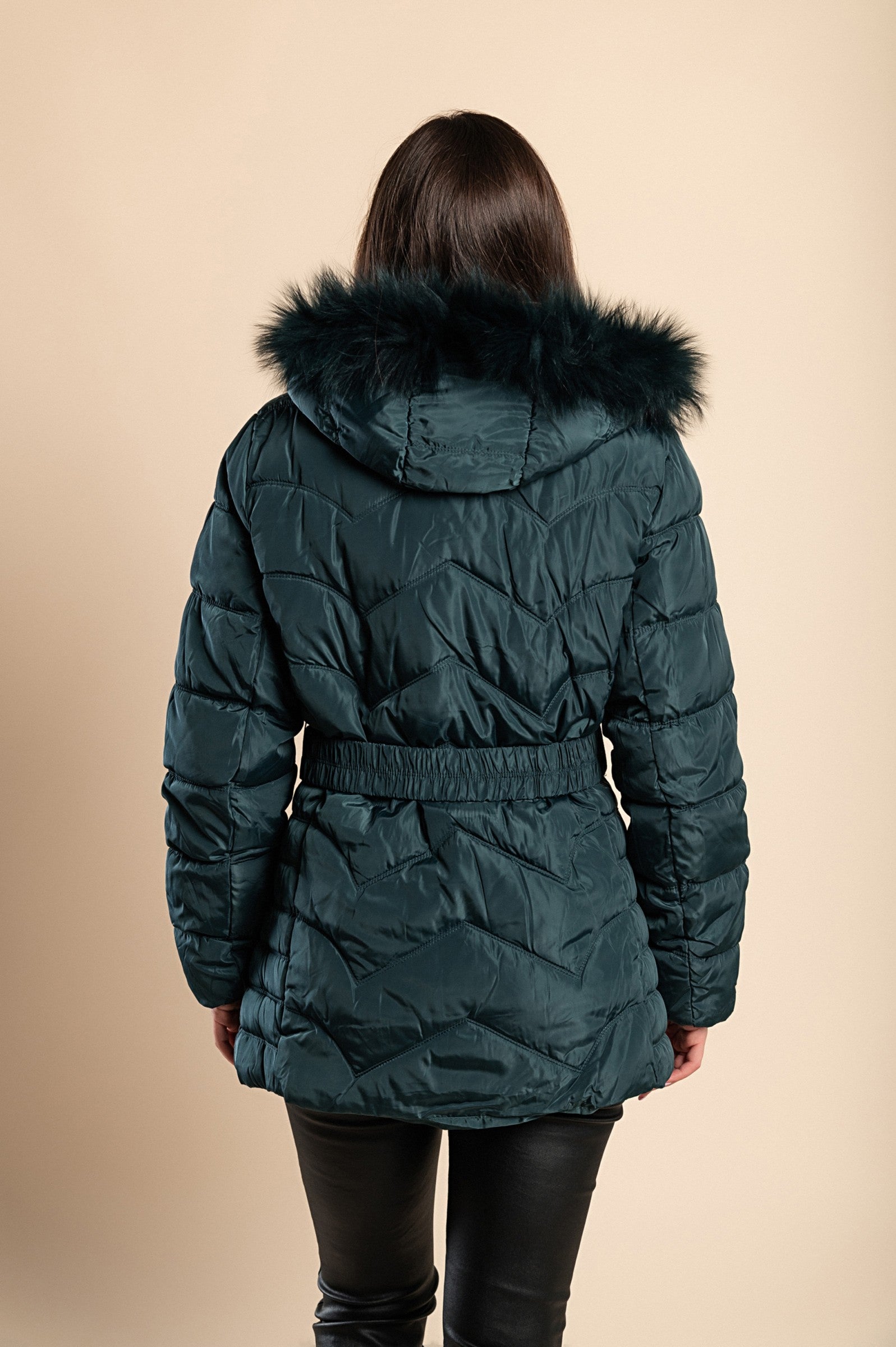 Plus size short padded winter jacket with hood in petrol color, featuring synthetic fur lining and zip closure.