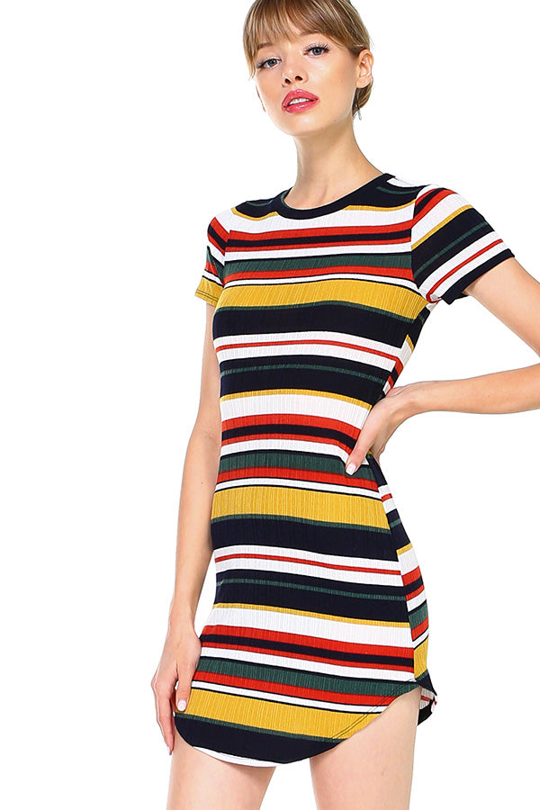 A model wearing a stylish short sleeve ribbed striped mini dress, showcasing its body contour fit and vibrant multi-stripe design.