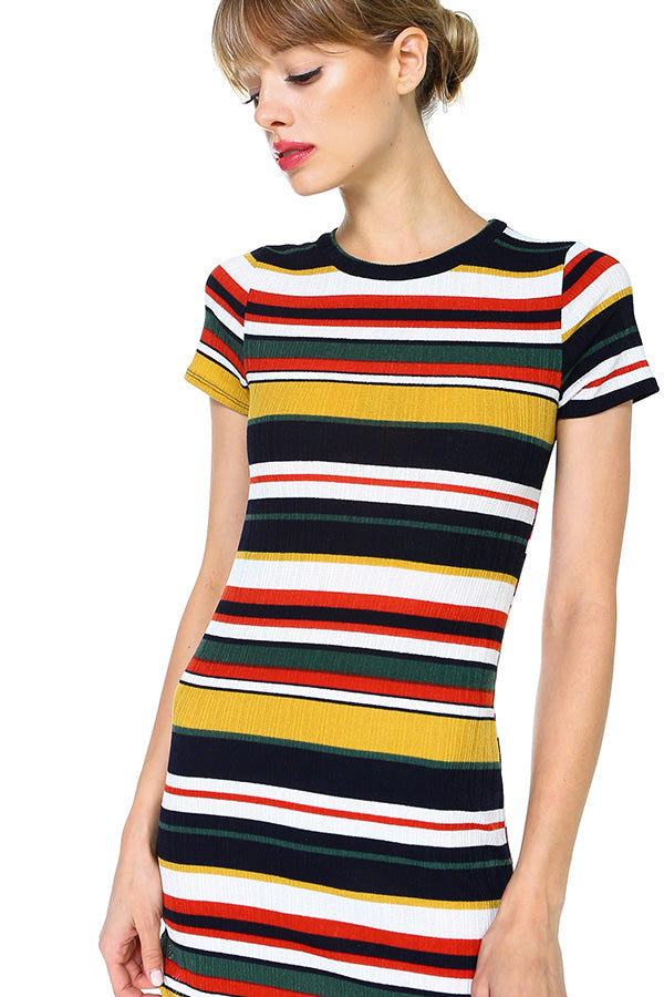 A model wearing a stylish short sleeve ribbed striped mini dress, showcasing its body contour fit and vibrant multi-stripe design.