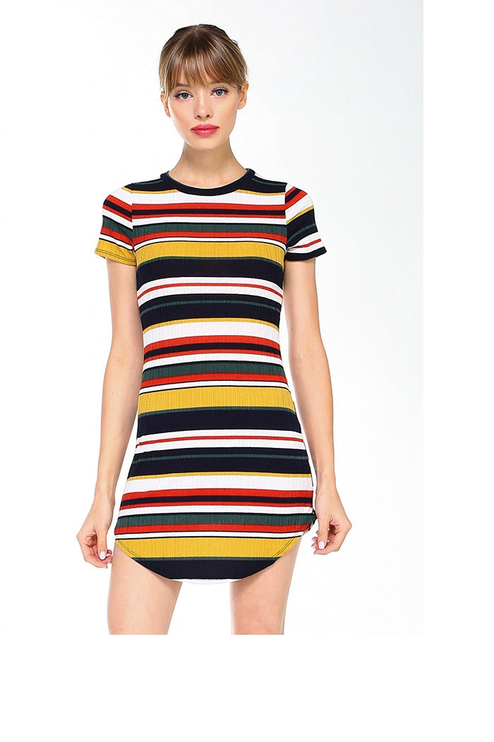 A model wearing a stylish short sleeve ribbed striped mini dress, showcasing its body contour fit and vibrant multi-stripe design.