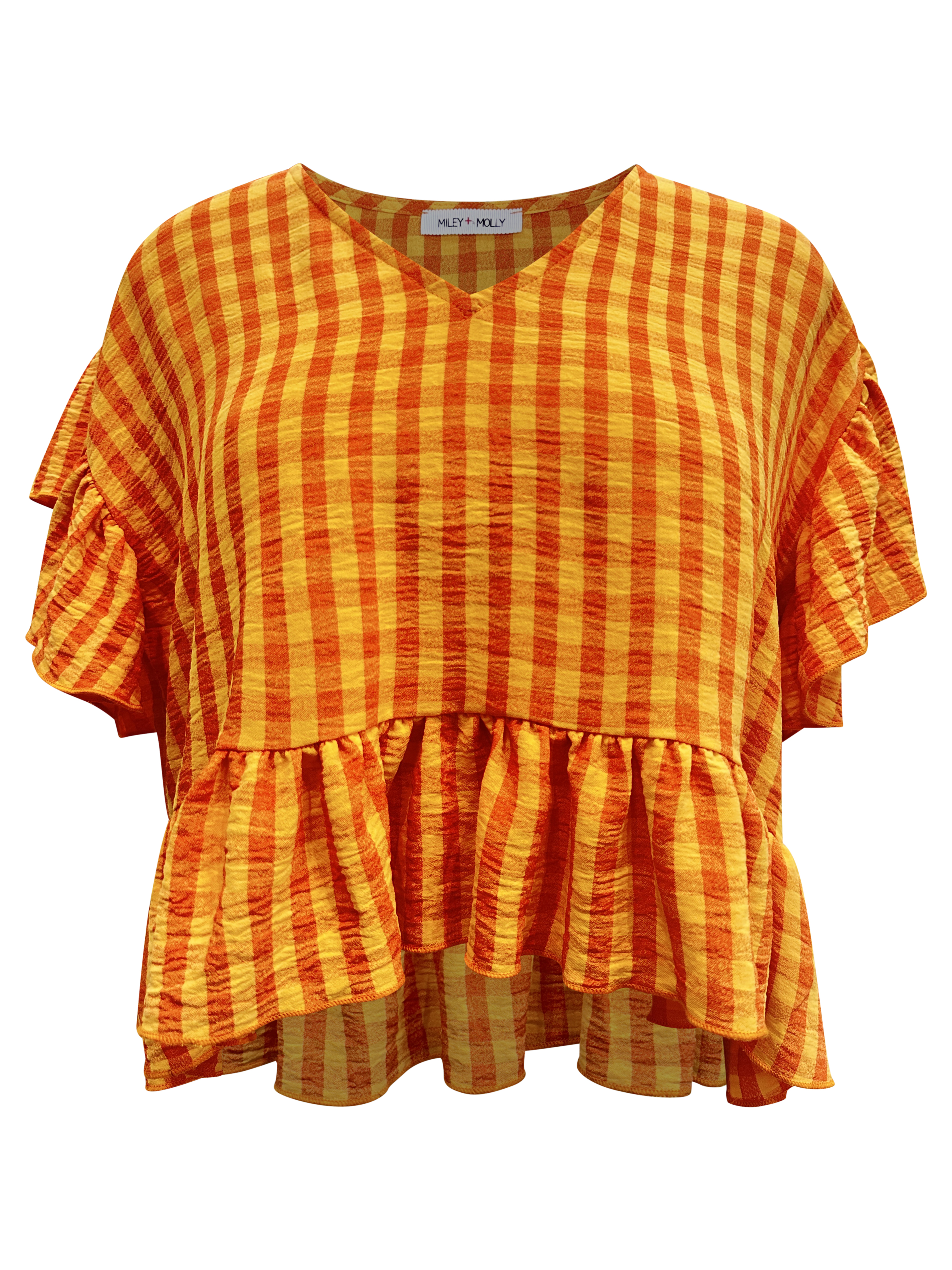 A stylish short sleeve ruffle hem top featuring a V-neck and flutter sleeves in a trendy plaid pattern.