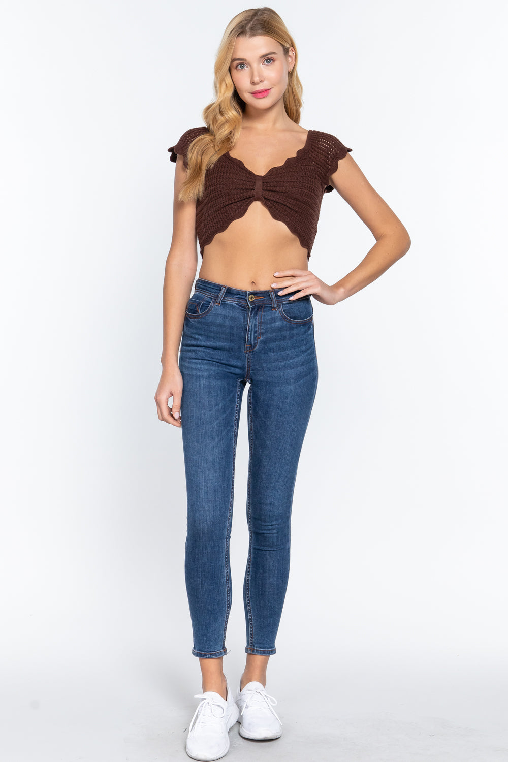 Short Sleeve V-neck Front Knot Detail Sweater Knit Crop Top in chocolate color, featuring a stylish front knot and short sleeves.