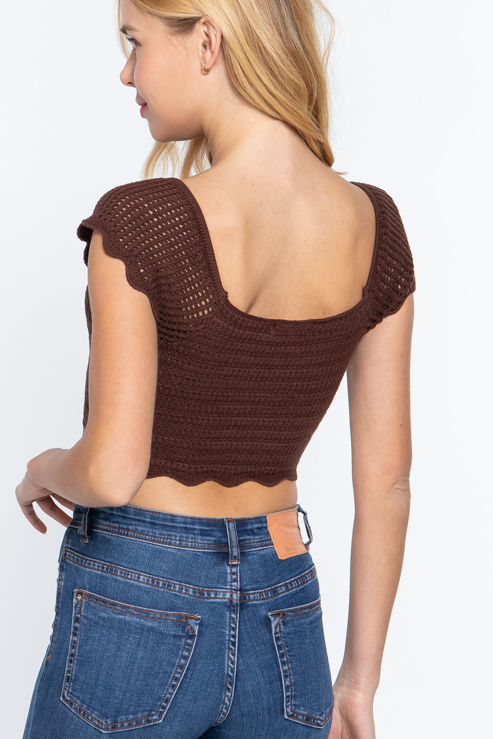Short Sleeve V-neck Front Knot Detail Sweater Knit Crop Top in chocolate color, featuring a stylish front knot and short sleeves.