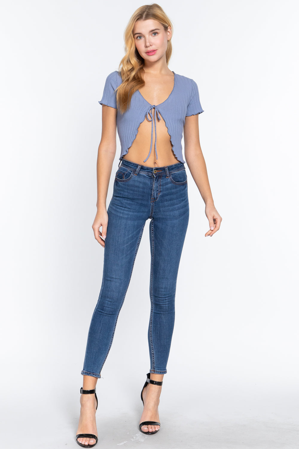 Short Sleeve Variegated Rib Cardigan in Iris Blue with front tie detail and lettuce edge design.