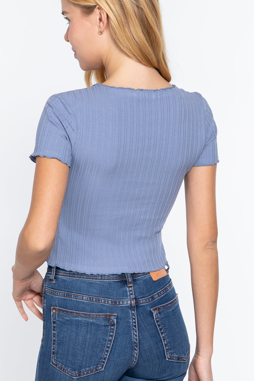 Short Sleeve Variegated Rib Cardigan in Iris Blue with front tie detail and lettuce edge design.