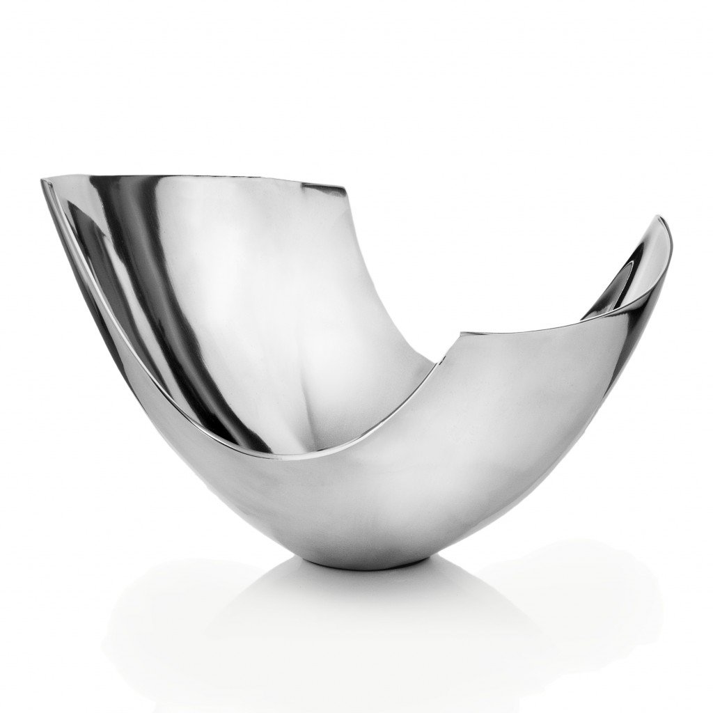 A sleek silver aluminum abstract tray dish centerpiece bowl with a contemporary design, perfect for home decor.