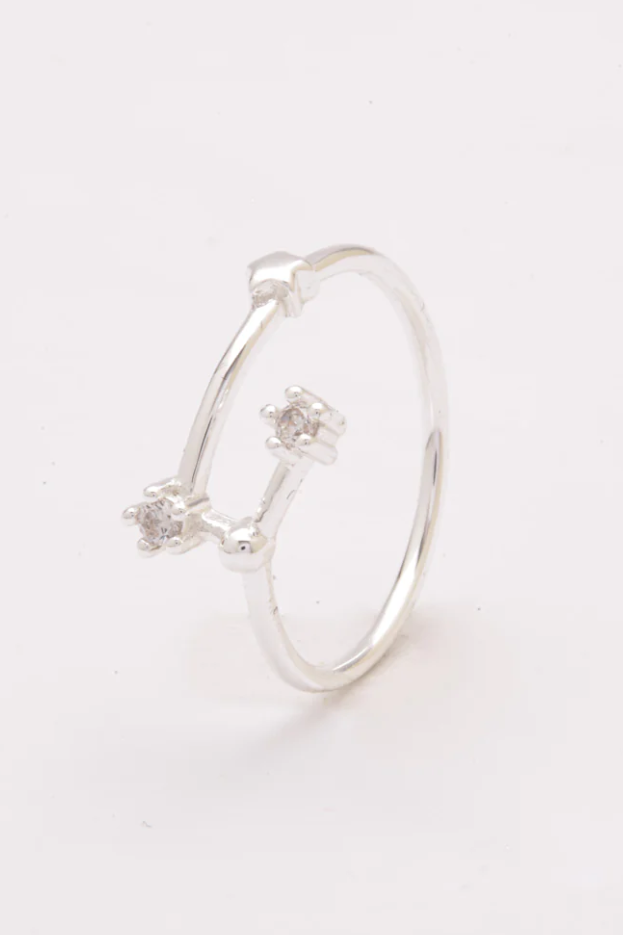 Elegant silver ring adorned with decorative diamonds, showcasing a stylish design.