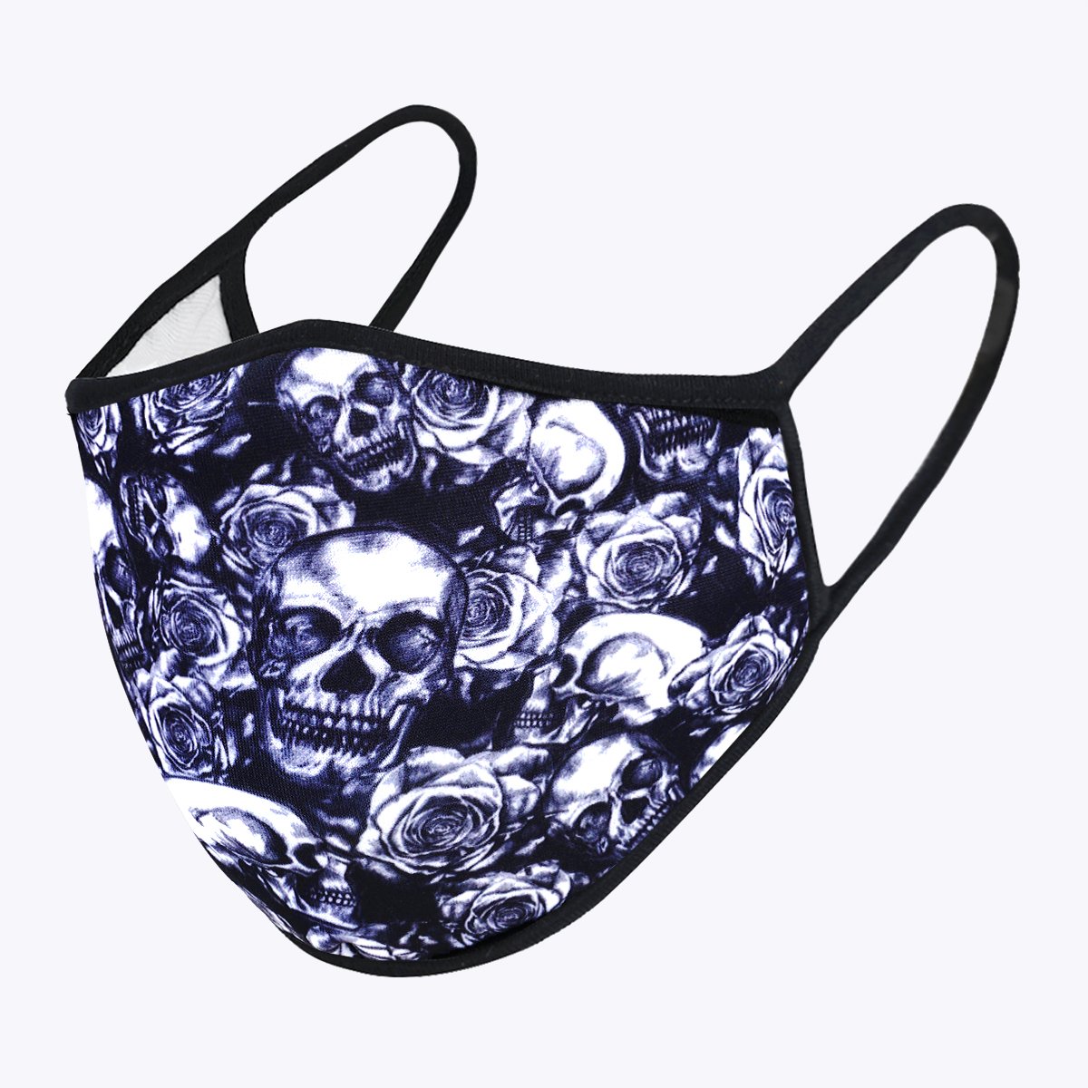 Skull Flower 3-Layered Face Cover featuring a unique skull flower print, made from polyester and cotton, designed for comfort and protection.