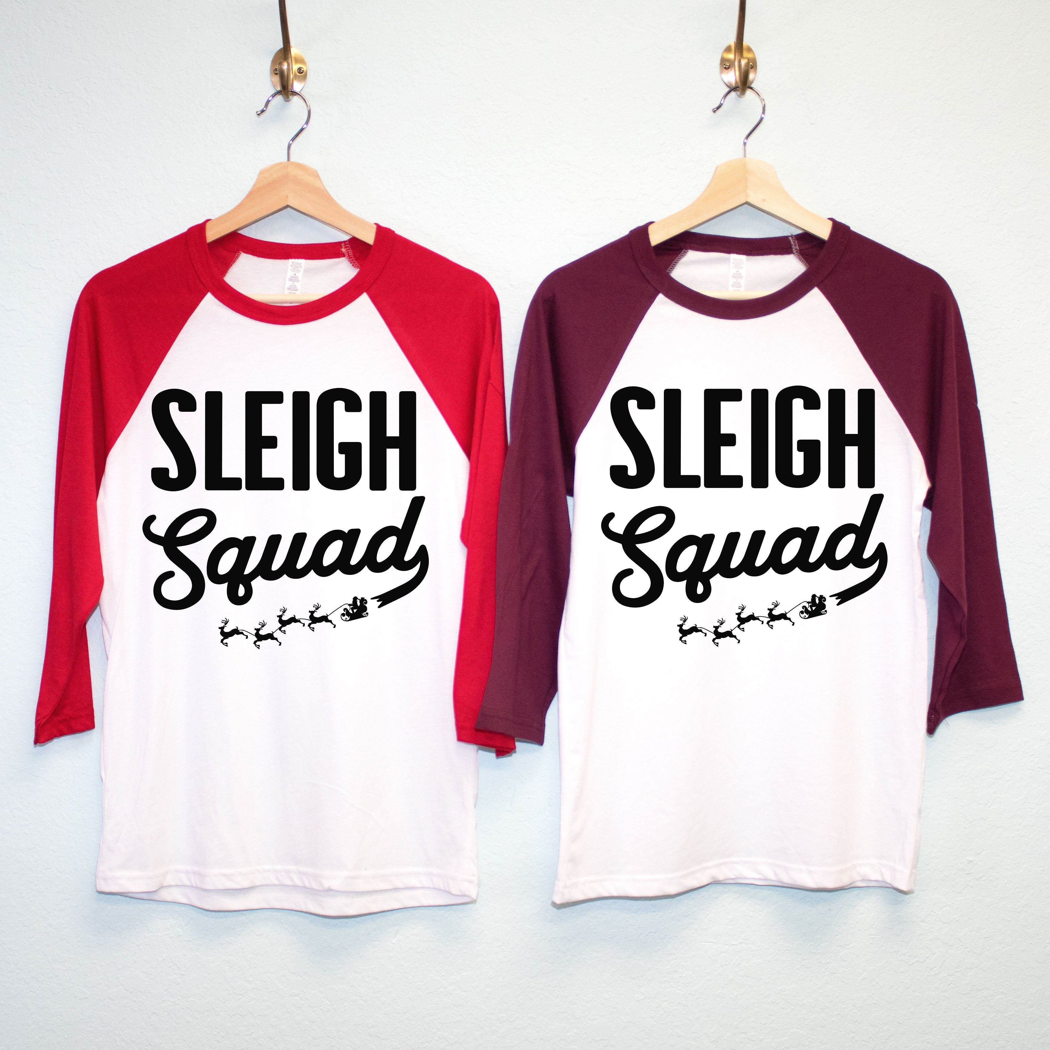 Customizable SLEIGH SQUAD Christmas Shirt featuring festive design with name and number options, available in various colors and sizes.