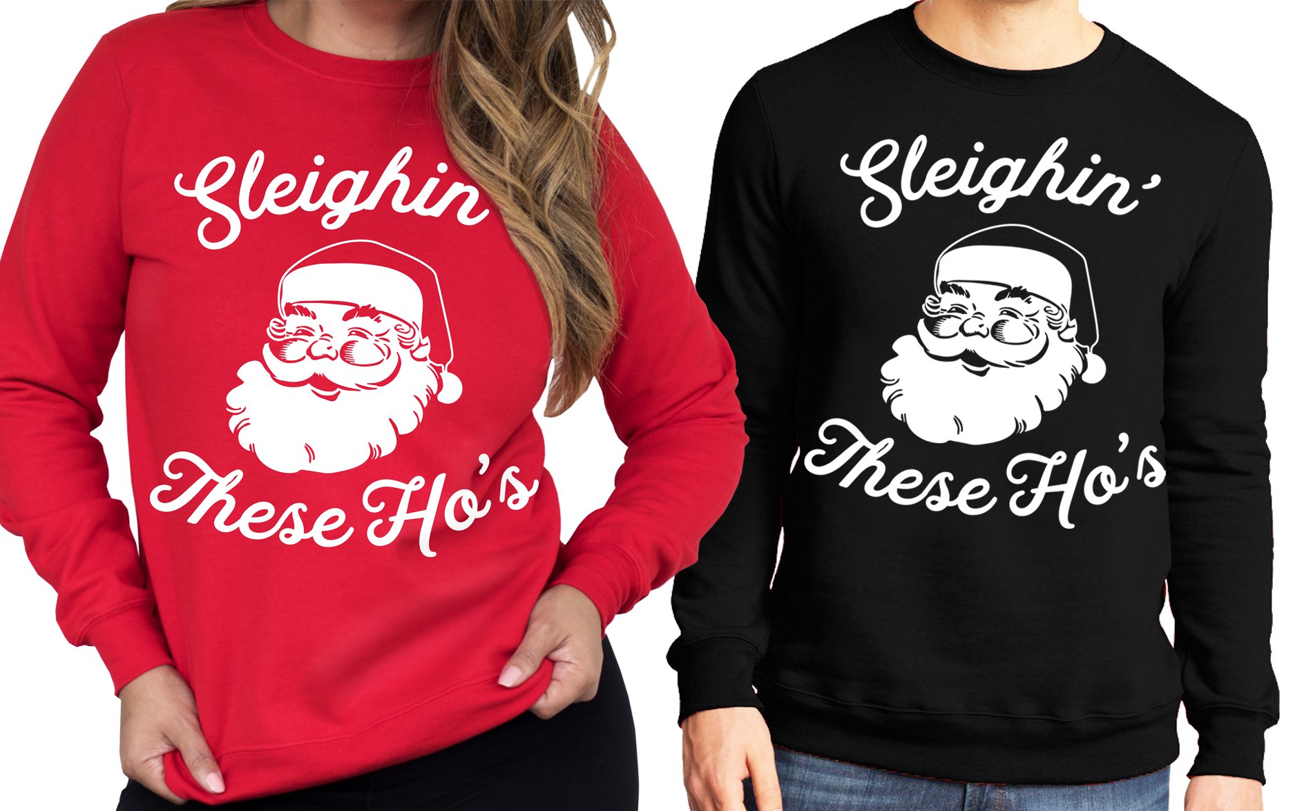Unisex SLEIGHIN' THESE HO'S Ugly Christmas Sweater in red, featuring a humorous holiday slogan, perfect for festive celebrations.