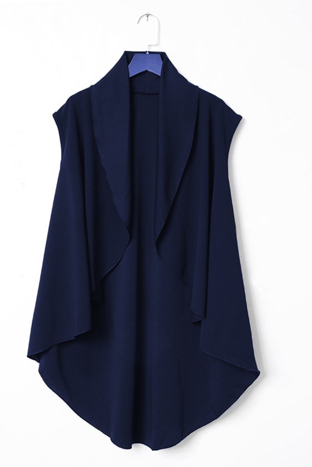 A stylish sleeveless cascade open front draped cardigan with a shawl neckline, showcasing a high-low hemline, perfect for layering.