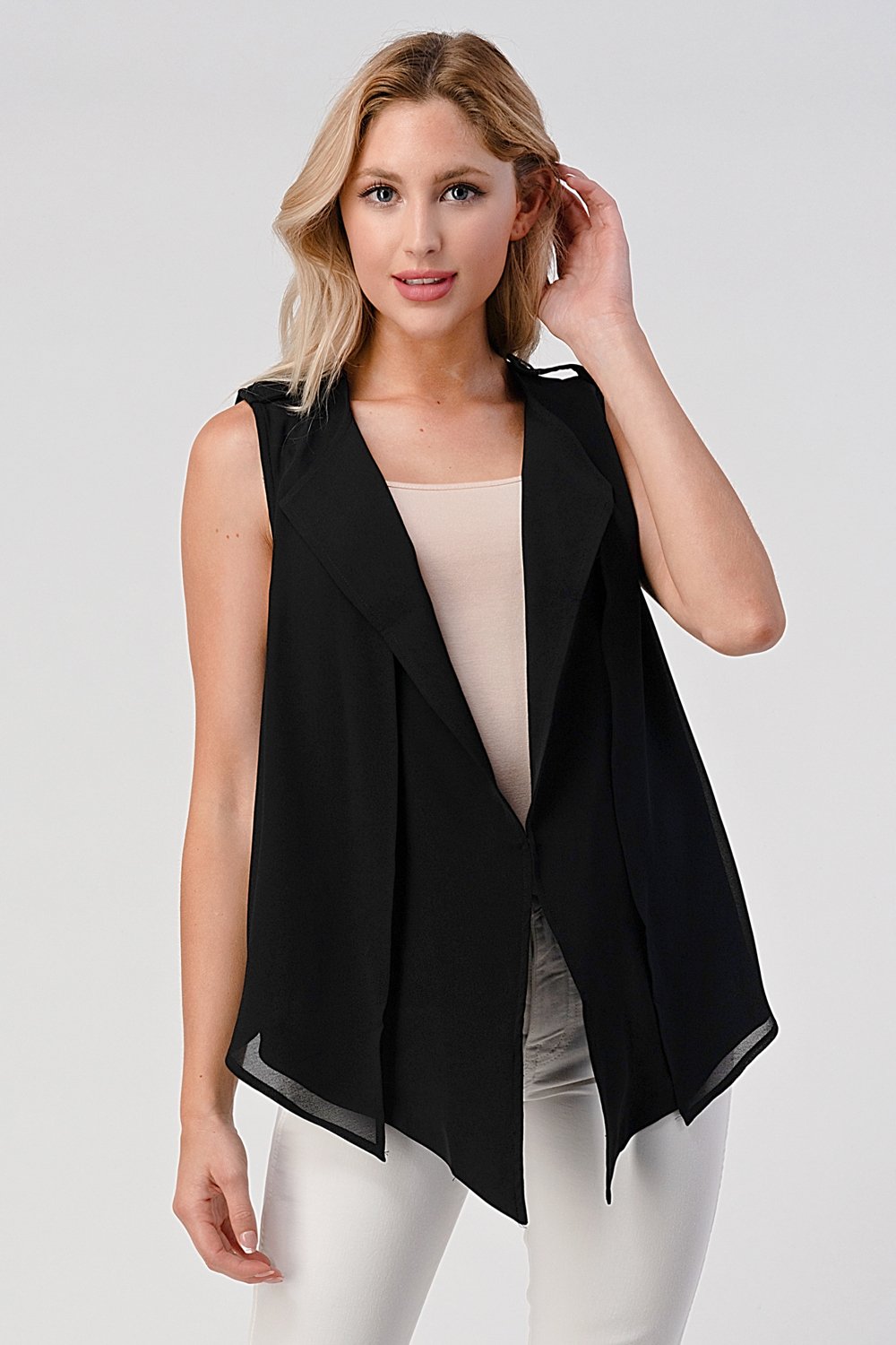 A stylish sleeveless draped open front vest with a high-low hem, perfect for layering over various outfits.