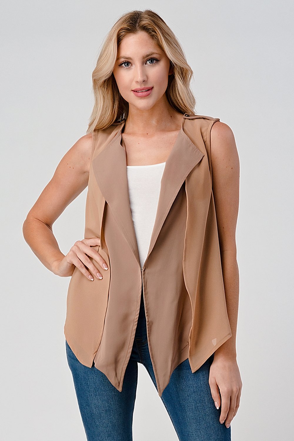A stylish sleeveless draped open front vest with a high-low hem, perfect for layering over various outfits.
