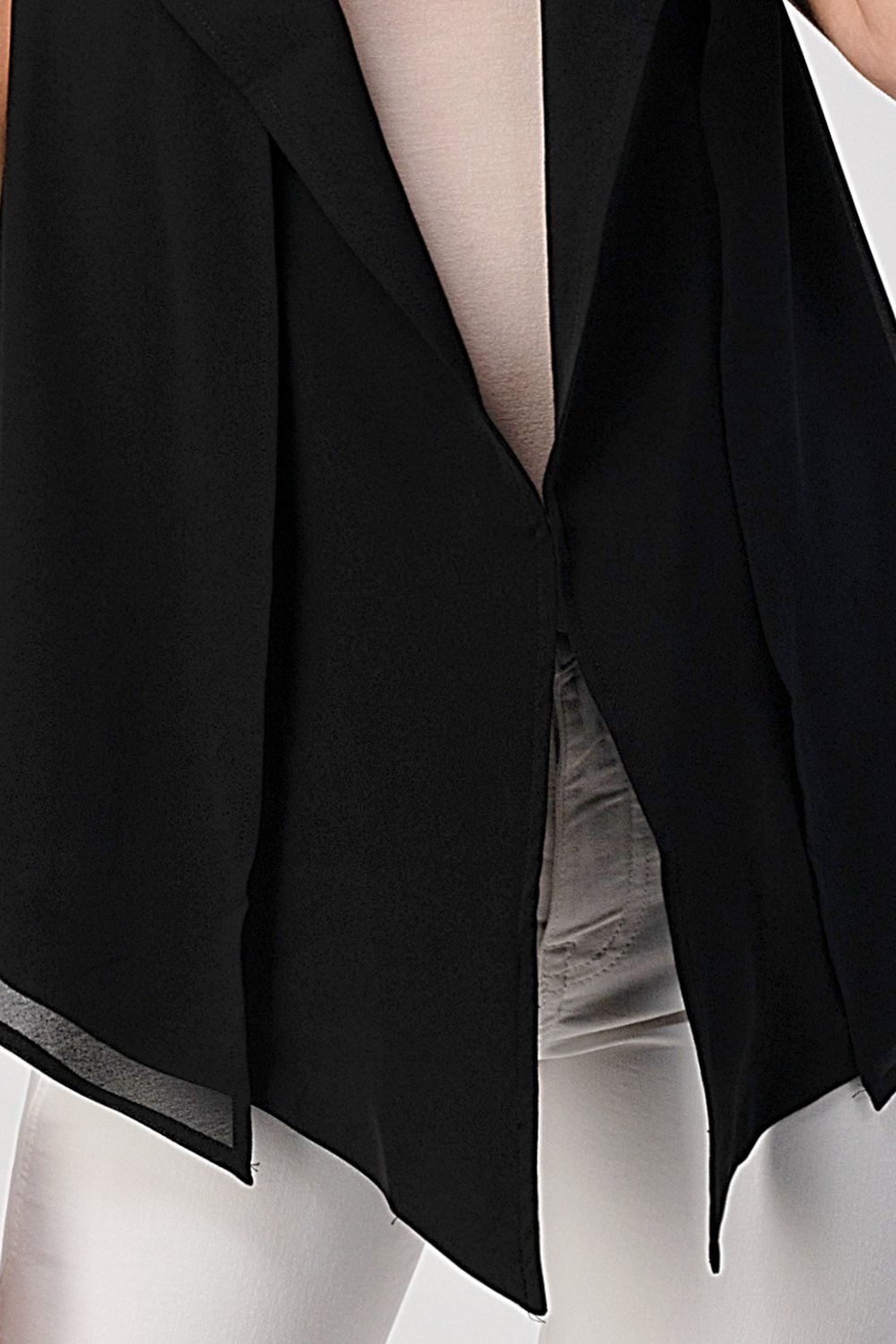 A stylish sleeveless draped open front vest with a high-low hem, perfect for layering over various outfits.