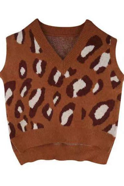 A stylish sleeveless vest featuring a bold leopard print pattern and a flattering V neck design, perfect for casual wear.