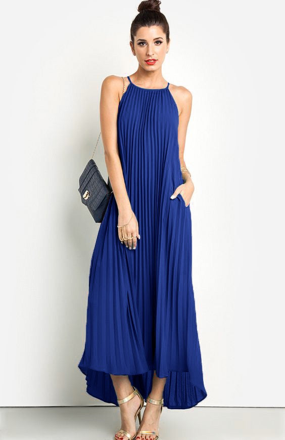 Idella Sleeveless Pleated Maxi Dress in blue, showcasing elegant pleats and a stylish round neckline with ribbons.