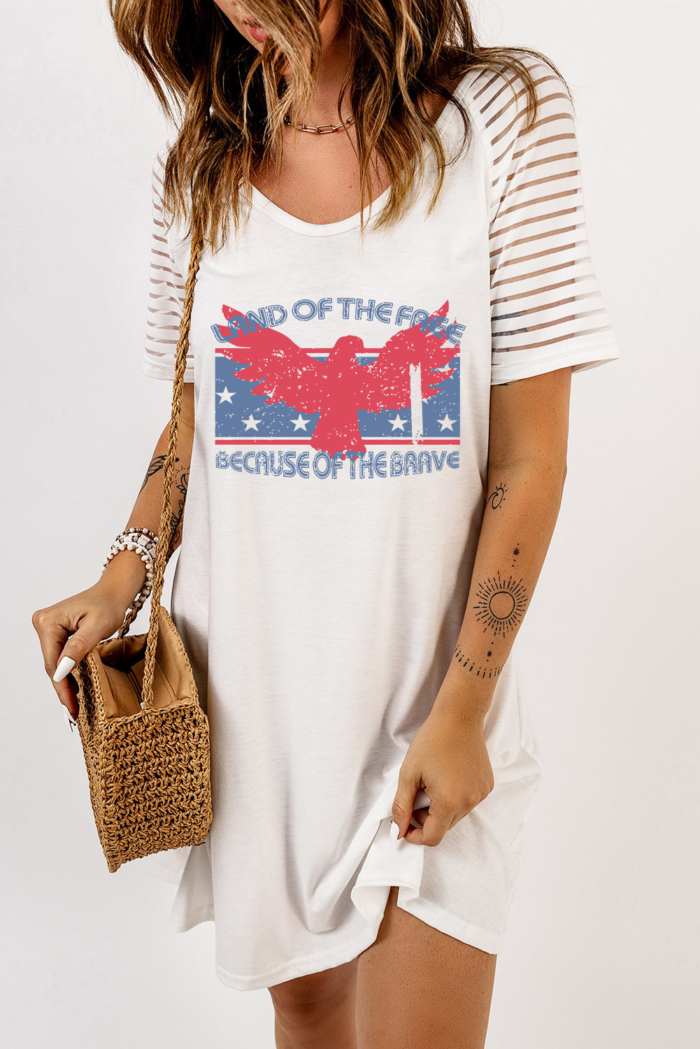 Slogan Graphic Sheer Striped Sleeve Tee Dress featuring a trendy graphic design, round neck, and short raglan sleeves in a mini length.