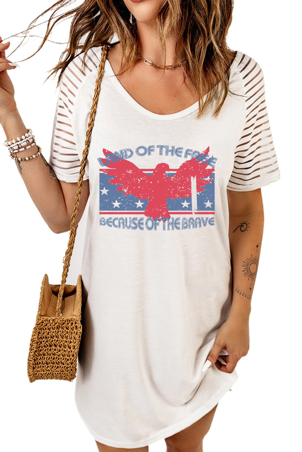 Slogan Graphic Sheer Striped Sleeve Tee Dress featuring a trendy graphic design, round neck, and short raglan sleeves in a mini length.