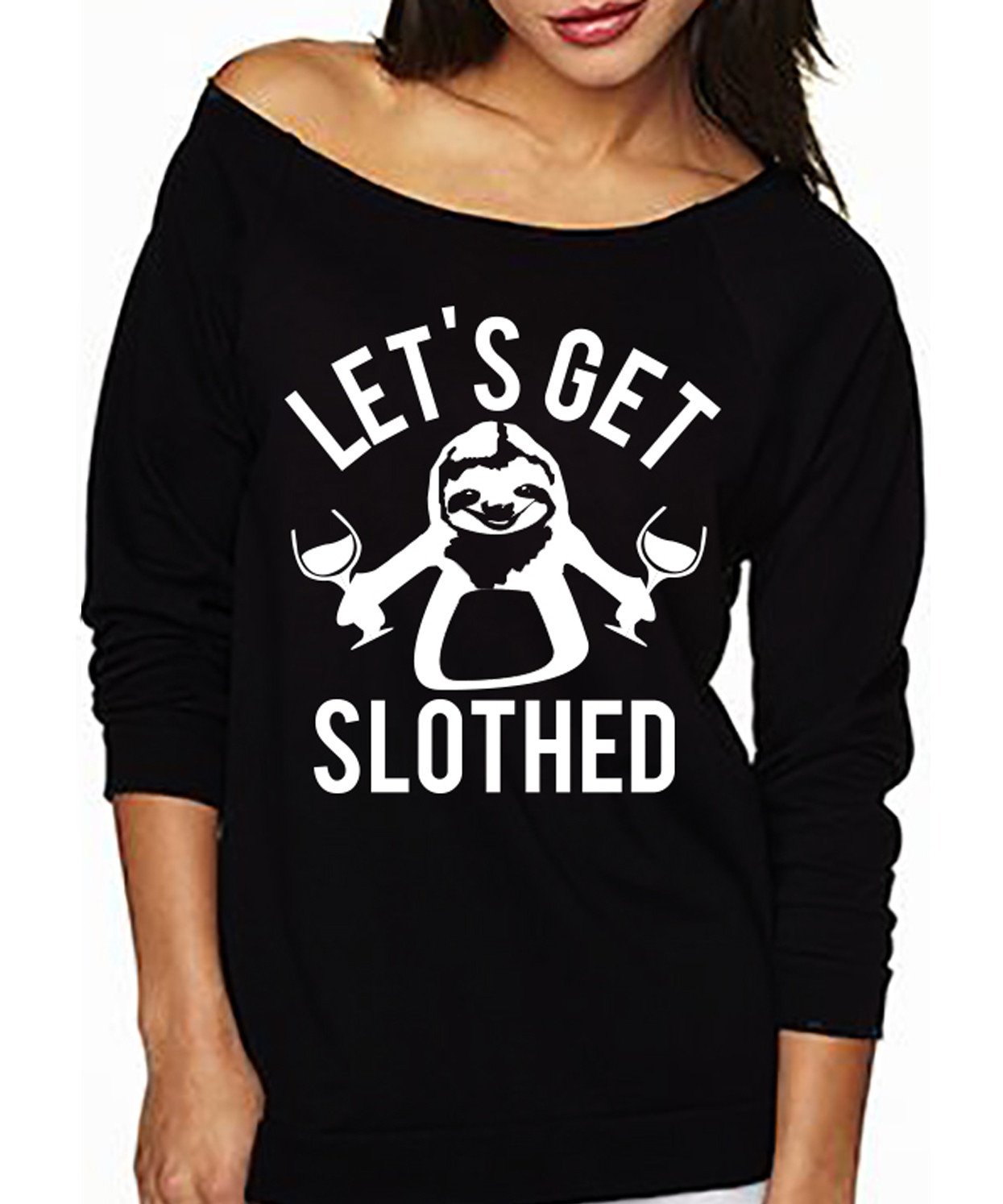 Black off-shoulder sweater with 'LET'S GET SLOTHED' print, perfect for casual outings and lounging.