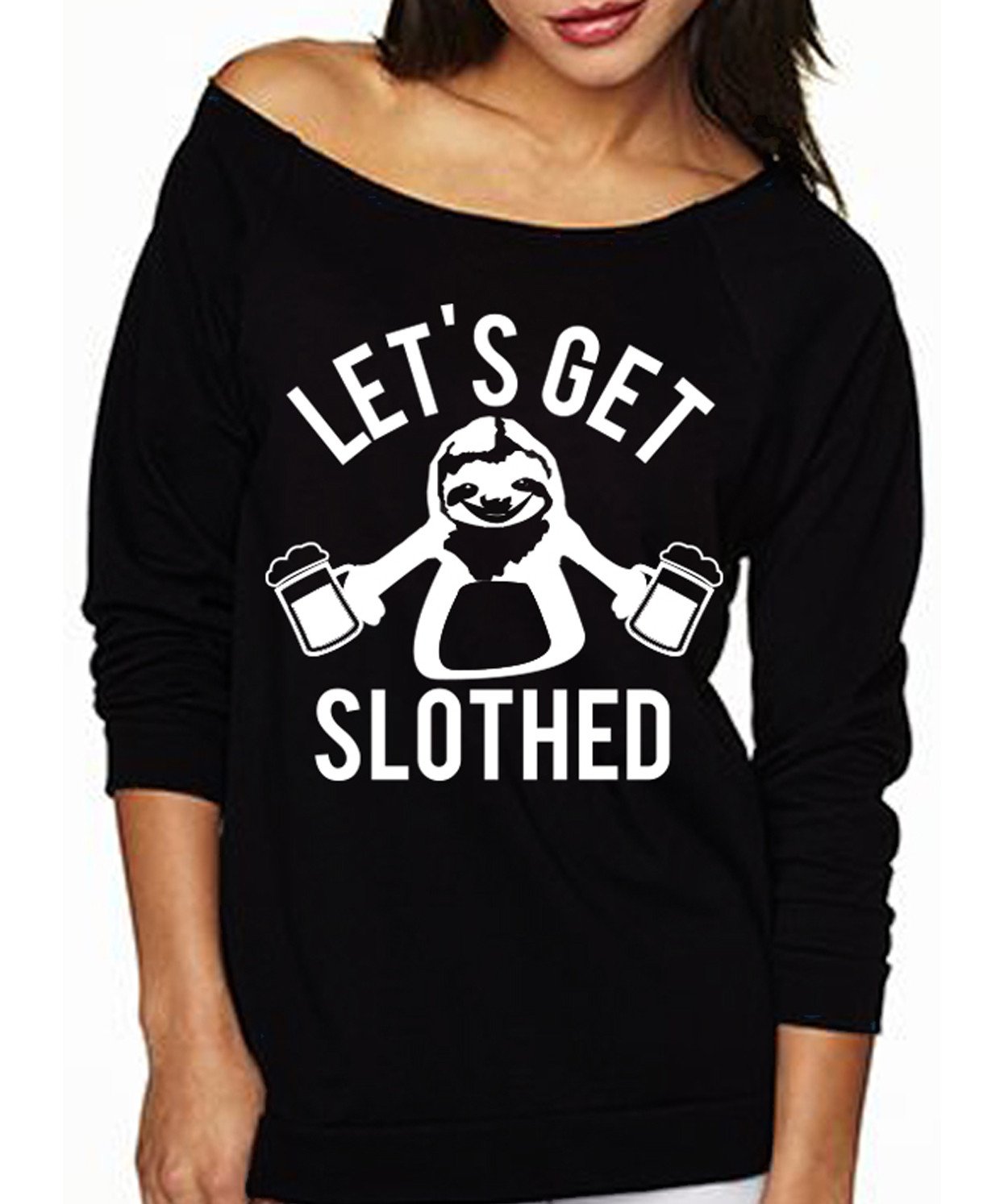 Black off-shoulder sweater with 'LET'S GET SLOTHED' print, perfect for casual outings and lounging.