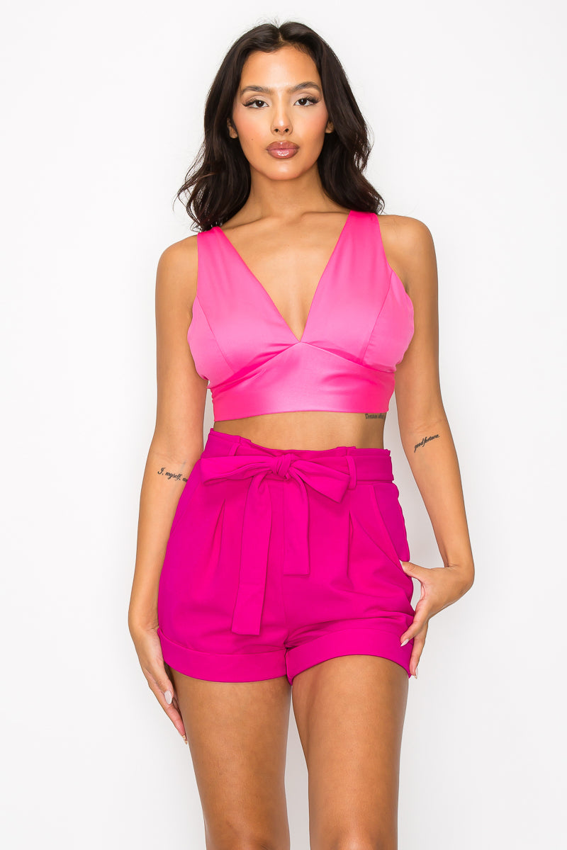 A vibrant hot pink Smock V-neck Satin Bra Top featuring a deep V-neckline, sleeveless design, and wide adjustable straps.