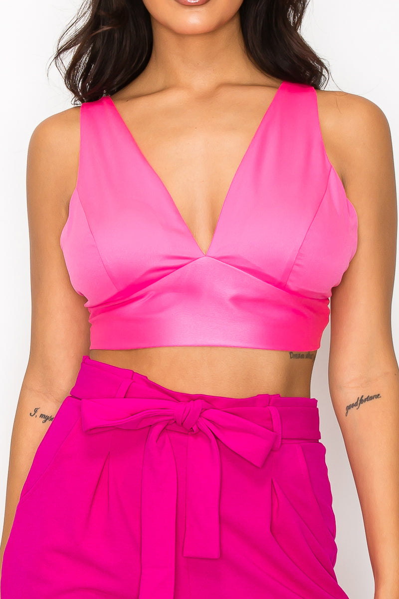 A vibrant hot pink Smock V-neck Satin Bra Top featuring a deep V-neckline, sleeveless design, and wide adjustable straps.