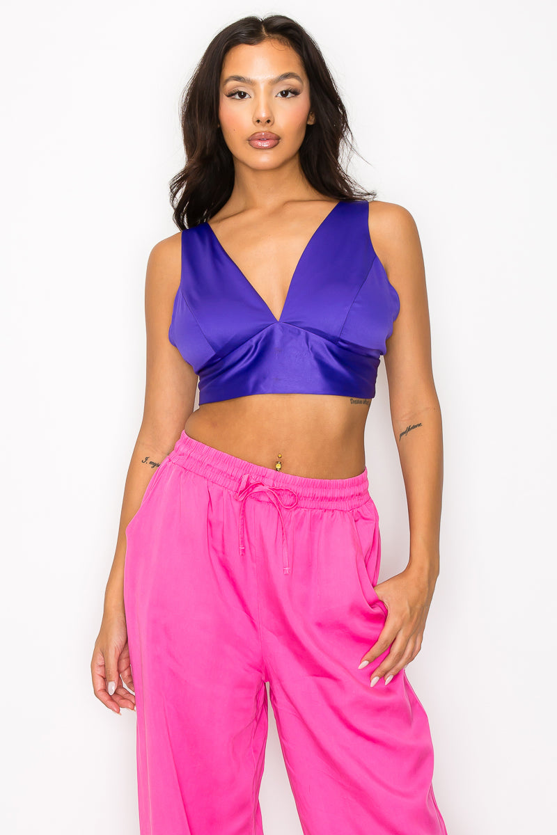Smock V-neck Satin Bra Top in vibrant purple with deep V-neckline and wide adjustable straps, showcasing a stylish cropped design.