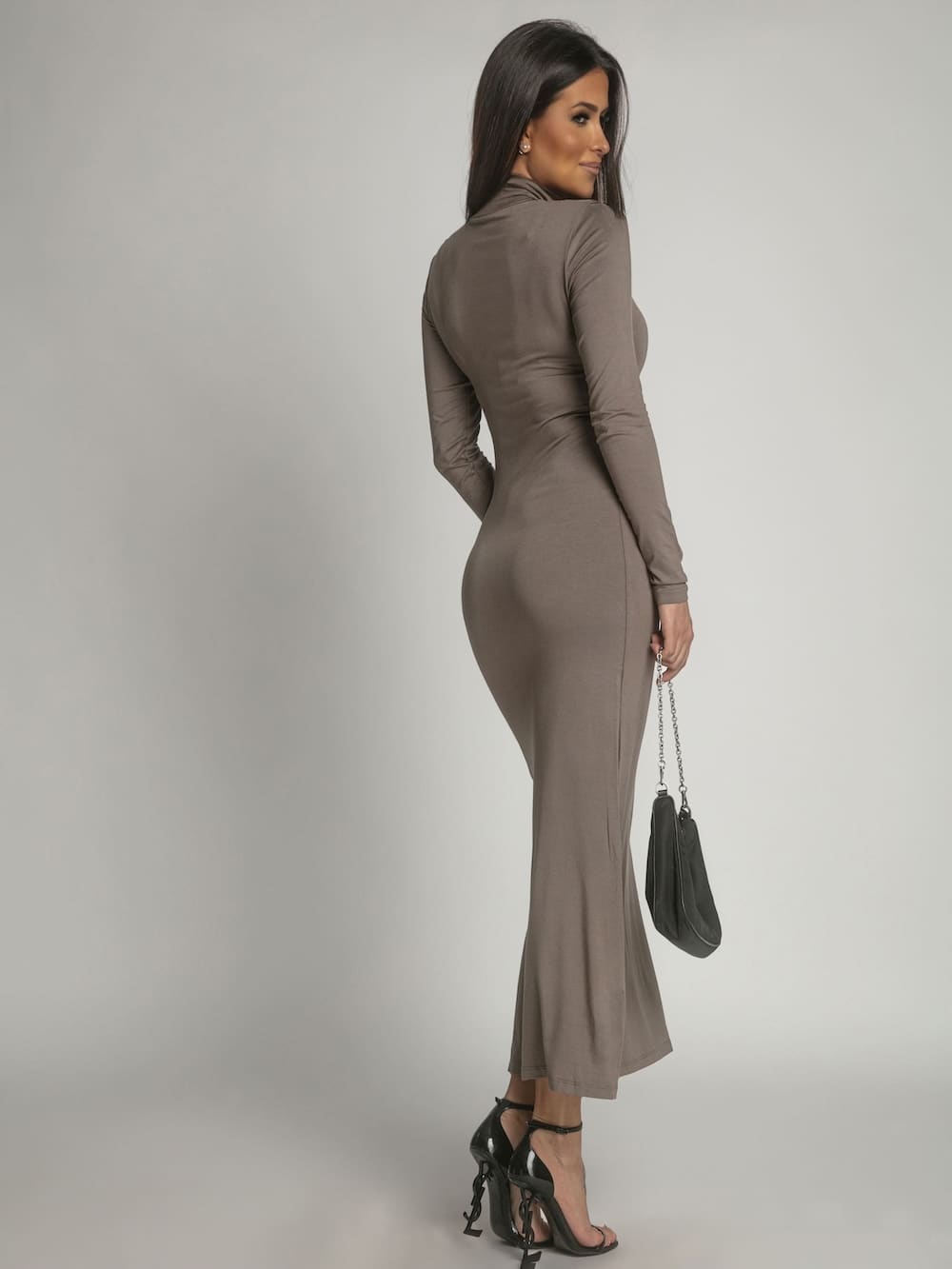 A stylish women's cappuccino turtleneck dress with long sleeves, perfect for casual and formal occasions.