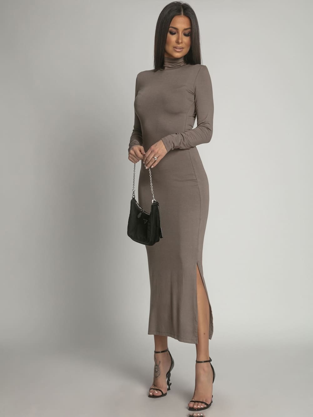 A stylish women's cappuccino turtleneck dress with long sleeves, perfect for casual and formal occasions.